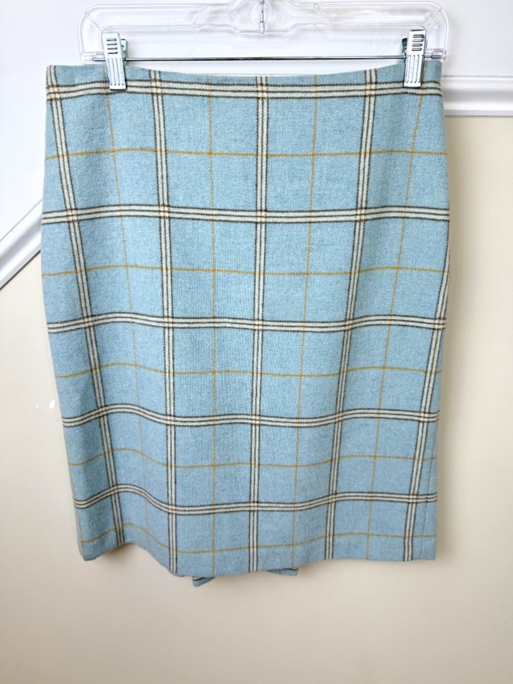 Barneys NY Plaid Skirt Wool Blend Pencil Skirt Light Blue Brown (8) - Picture 2 of 10
